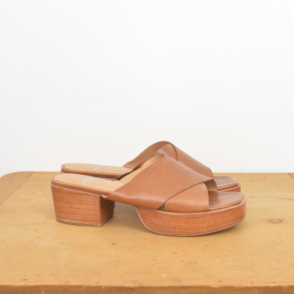 light brown fortress criss cross square toe leather block heel mules like 38
